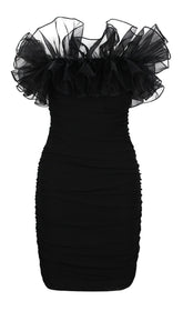 TRÄGERLOSES MINIKLEID MIT SPITZENBLUMEN IN SCHWARZ